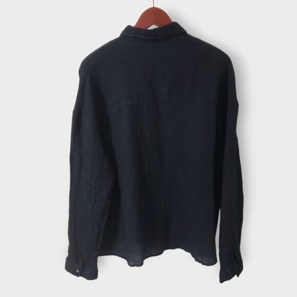 Tahari 100% Linen Crinkled Texture Black Button Up Shirt Sz XL Goth Neutral Core - Picture 5 of 11